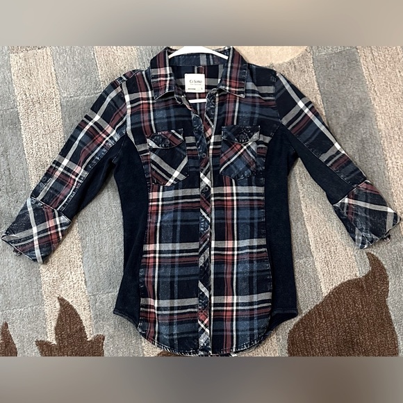 Ci Sono Plaid Collect 3/4 Tabbed Sleeves Button Front Top w Ribbed Side Panels - Picture 2 of 9